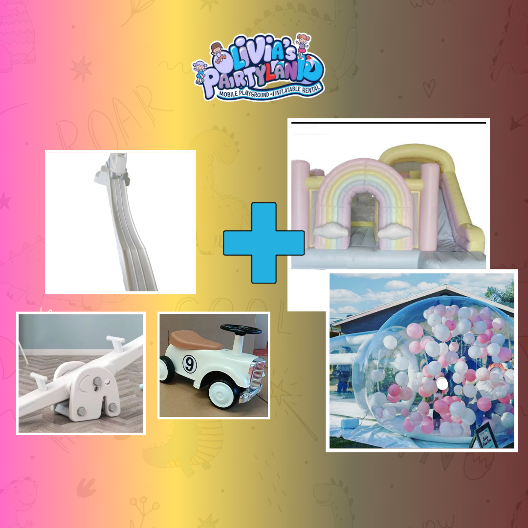 Rainbow castle slide + Balloon Dome + toys